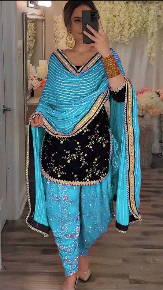 Premium Viscose Velvet Embroidered Dhoti Salwar Suit Set With Dupatta β Fully Stitched