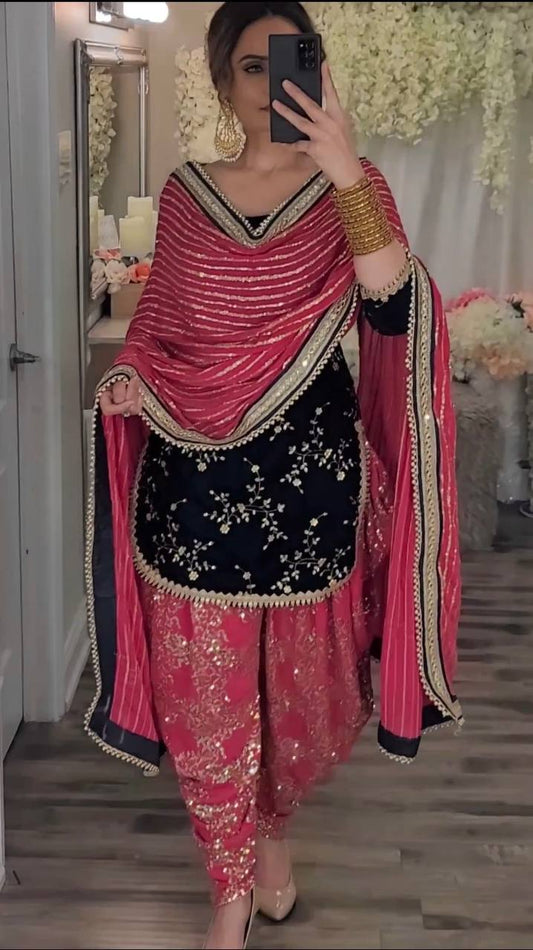 Premium Viscose Velvet Embroidered Dhoti Salwar Suit Set With Dupatta β Fully Stitched