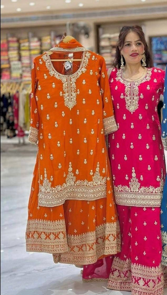 Premium Heavy Chinnon Silk Sharara Set with Dupatta | Party Wear Designer Suit