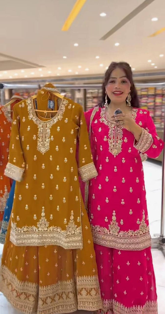 Premium Heavy Chinnon Silk Sharara Set with Dupatta | Party Wear Designer Suit