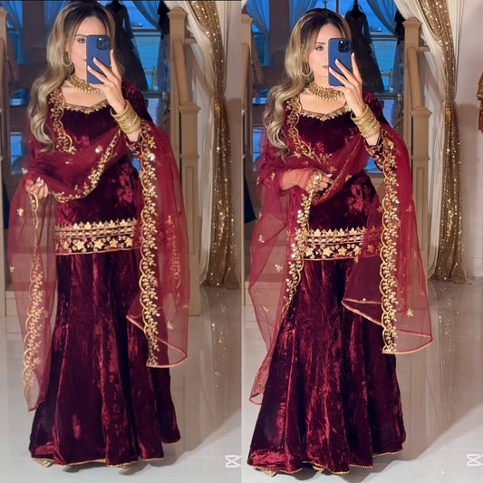 Premium Velvet Embroidered Sharara Suit with Dupatta | Wine Party Wear Set