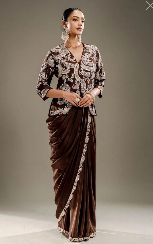 Chocolate Brown Embroidered Ready-to-Wear Saree with Designer jacket
