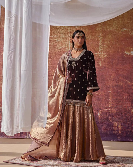 Designer Velvet Top with Fandy Crushi Silk Lehenga Palazzo & Embroidered Dupatta | Premium Party Wear Set