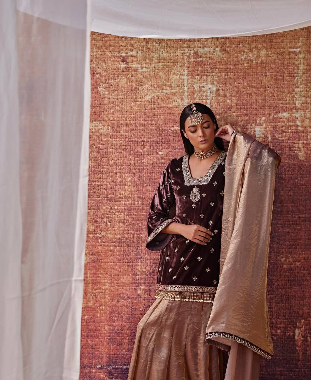 Designer Velvet Top with Fandy Crushi Silk Lehenga Palazzo & Embroidered Dupatta | Premium Party Wear Set