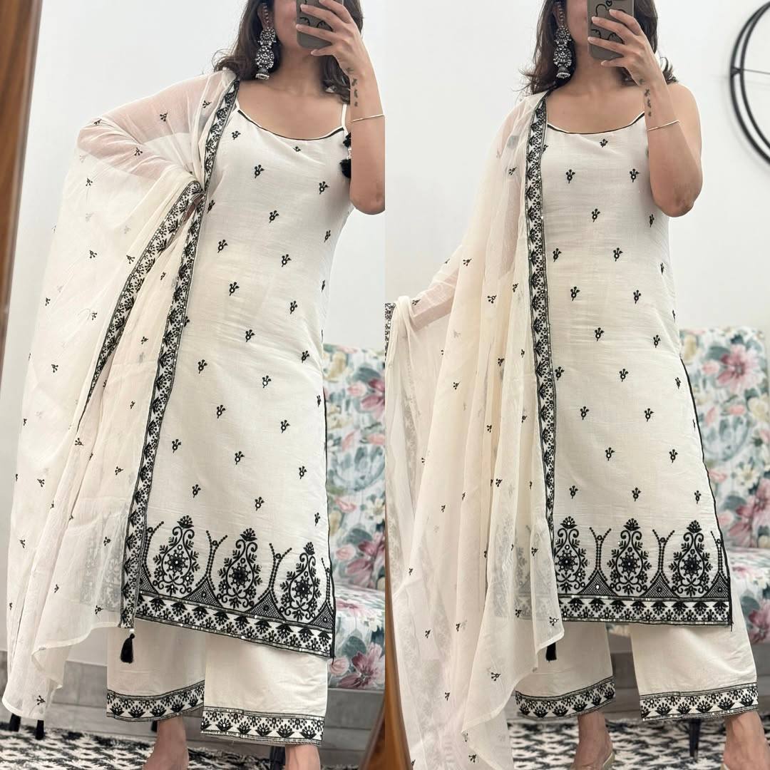 Premium White & Black Maska Cotton Silk Suit with Embroidery & Dupatta