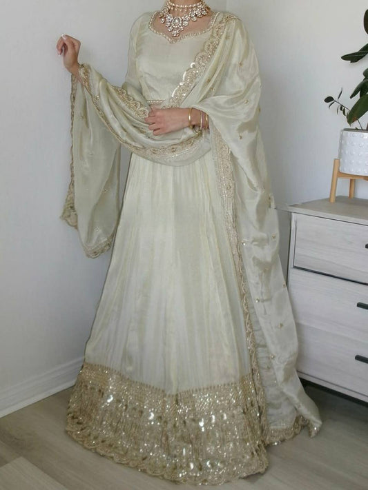 Designer Wedding Wear Neutral Crepe Silk Lehenga Choli with Dupatta β Embroidery & 5mm Sequence Work