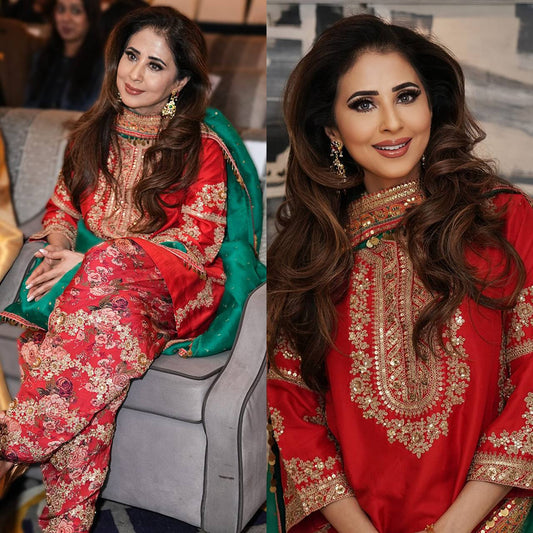 Designer Red Malay Silk Embroidered Suit with Digital Print Farshi Salwar & Organza Dupatta – Fully Stitched Premium Set