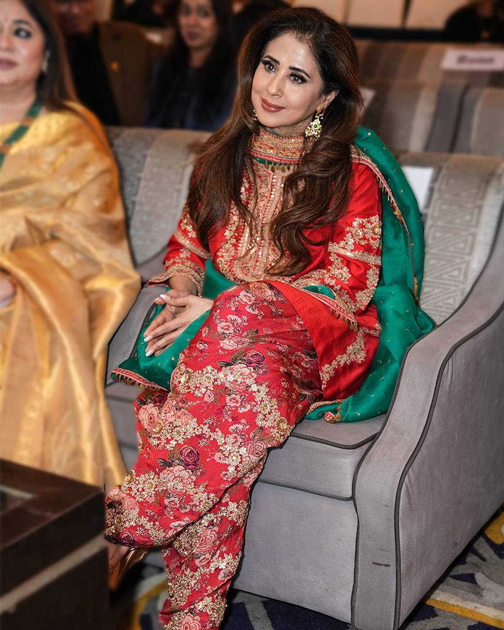 Designer Red Malay Silk Embroidered Suit with Digital Print Farshi Salwar & Organza Dupatta – Fully Stitched Premium Set