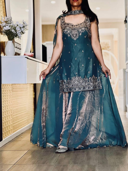 Premium Embroidered Silk Top–Plazzo Set With Dupatta – Fully Stitched & Ready to Wear