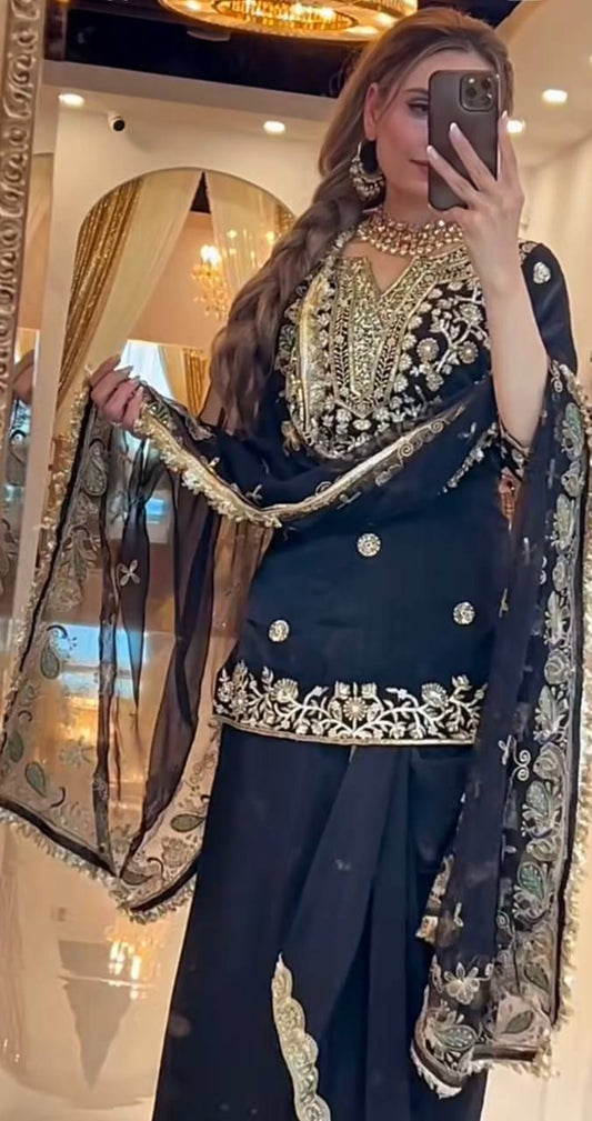 Designer Black Embroidered Farshi Salwar Suit with Heavy Dupatta – Premium Party Wear