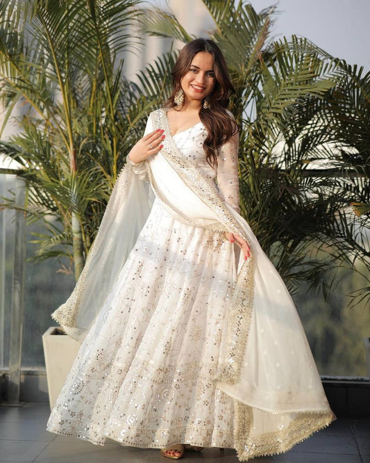 Premium White Heavy Faux Georgette Embroidery Sequence Anarkali Gown With Dupatta & Churidar β Fully Stitched