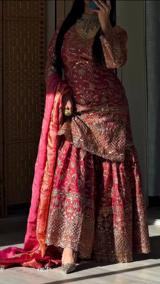 Premium Heavy Crushi Silk Embroidered Sharara Suit with Dupatta β Party Wear Set