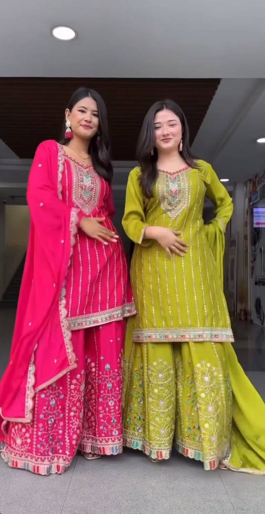 Designer Heavy Chinnon Silk Embroidered Palazzo Suit with Dupatta β Party Wear Set