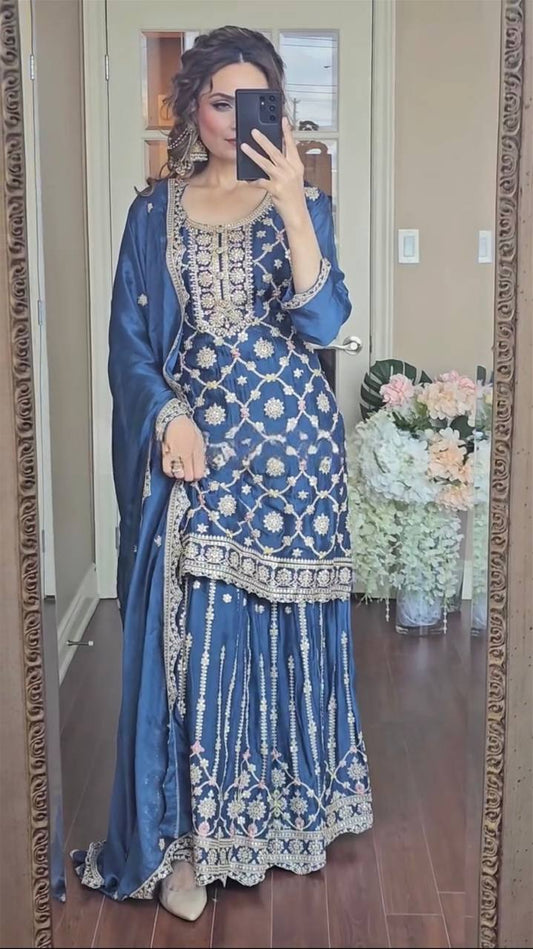 Designer Party Wear Pure Chinnon Silk Sharara Palazzo Set with Dupatta β Heavy Embroidery Coding Sequence Work