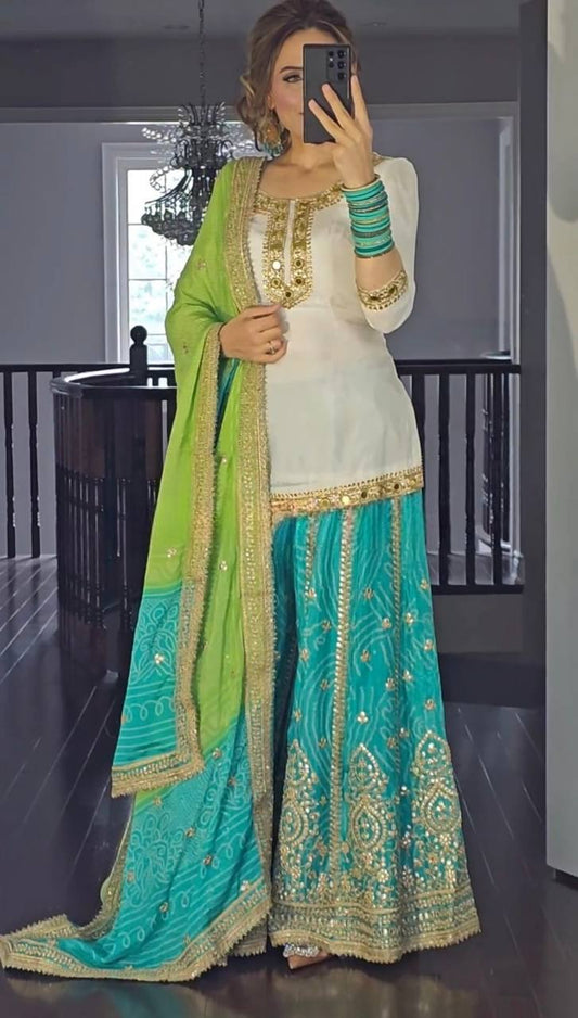 Designer Malay Silk Top Sharara Suit with Heavy Embroidery & Dupatta β Summer Special