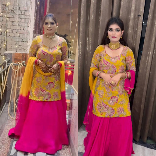 Designer Yellow Crepe Silk Embroidered Top with Pink Malay Silk Lehenga & Digital Dupatta – Fully Stitched Premium Set