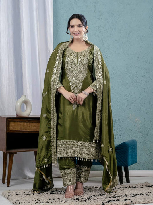 Premium Chinnon Silk Embroidered Suit Set with Pant & Dupatta β Party Wear Collection