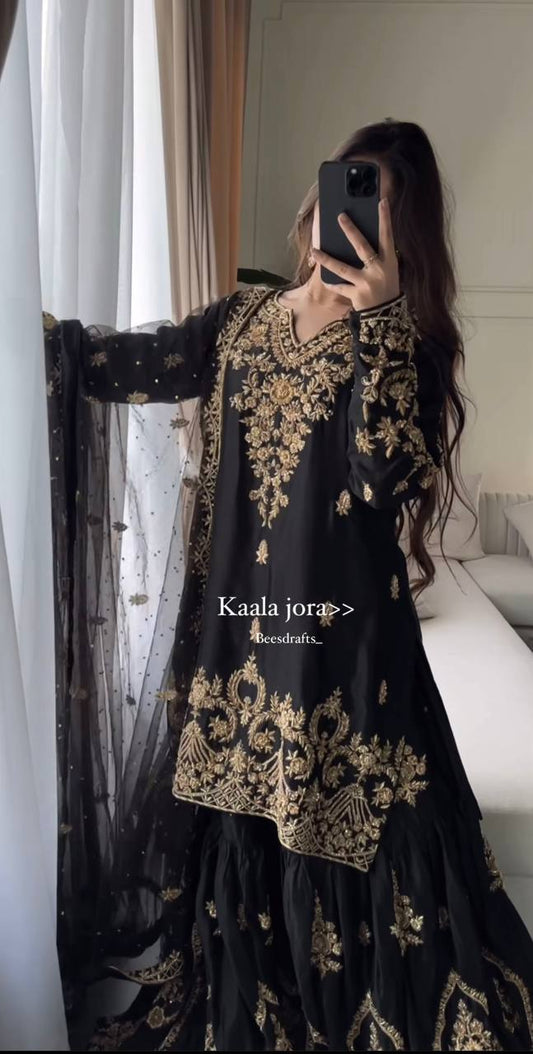 Heavy Natural Crepe Sharara Suit With Faux Georgette Dupatta β Premium Embroidered Party Wear