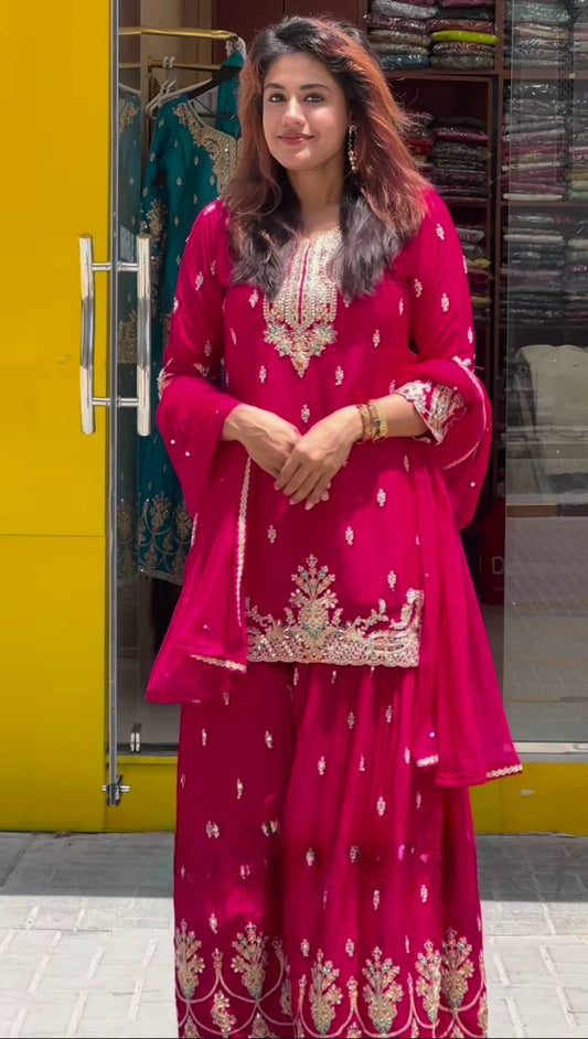 Designer Party Wear Heavy Chinon Silk Kurti Top with Sharara Palazzo & Dupatta β Sequence Embroidery Set+