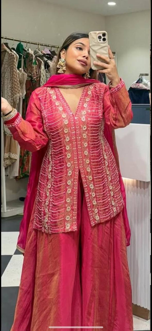 Designer Simar Silk Embroidered Palazzo Suit with Dupatta | Party Wear Set