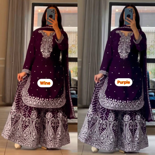 Designer Heavy Chinnon Silk Embroidered Sharara Plazo Set with Dupatta