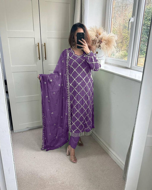 Designer Faux Georgette Heavy Sequence Embroidered Suit with Dupatta β 11 Colors | Party Wear Set