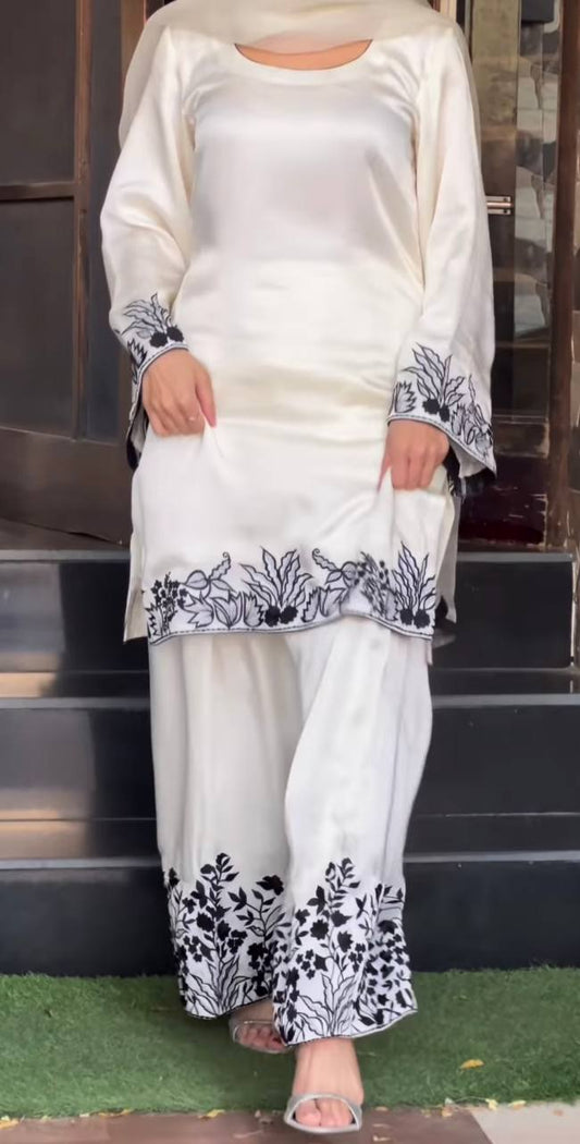 Designer White Natural Crepe Silk Suit with Black Embroidery & Farshi Salwar – Party Wear Set with Organza Dupatta