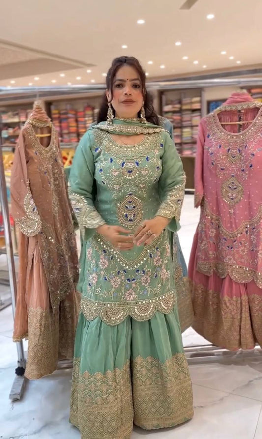 Designer Party Wear Natural Crepe Kurti Top with Sharara Palazzo & Dupatta β Heavy 9mm Sequence Embroidery Set