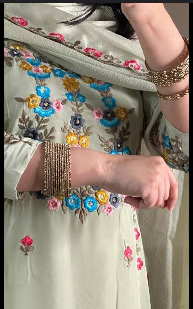 Designer Party Wear Chinnon Silk Kurti Top with Dhoti Salwar & Dupatta – Heavy Embroidery Sequence Set