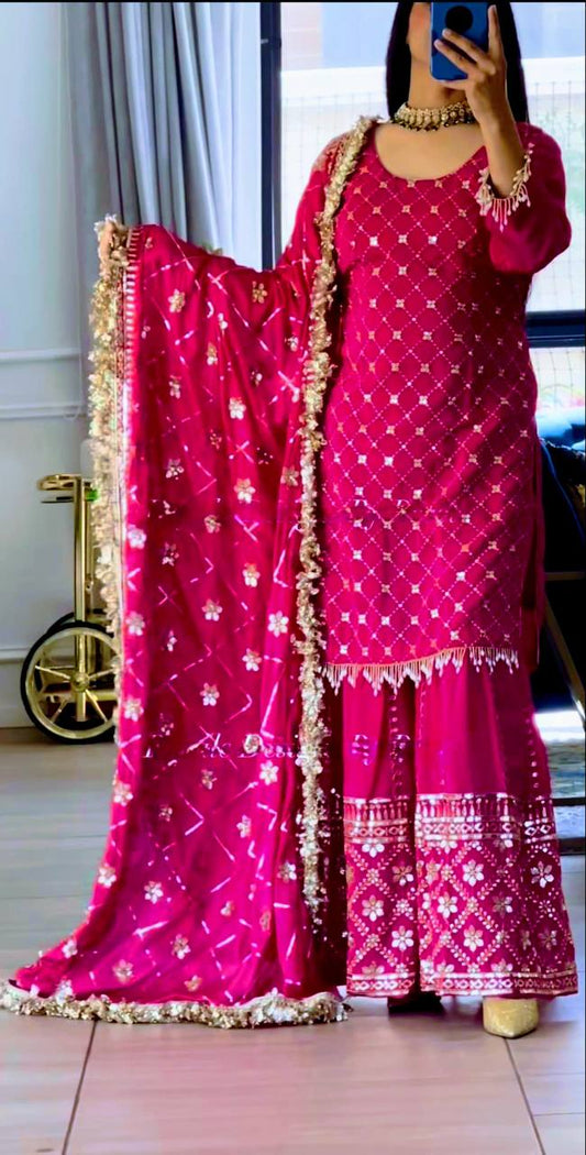 Premium Heavy Chinnon Silk Embroidered Sharara Suit Set With Dupatta β Dark Pink Party Wear