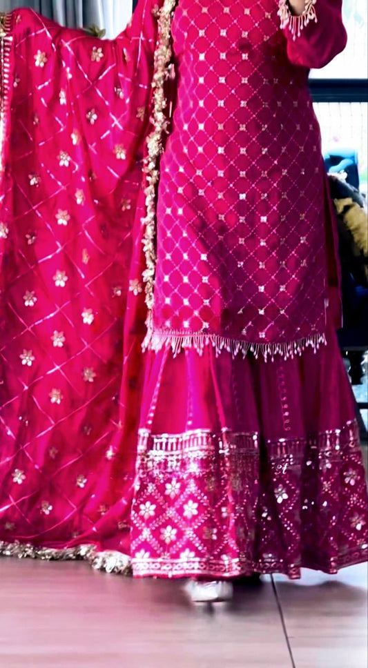 Premium Heavy Chinnon Silk Embroidered Sharara Suit Set With Dupatta β Dark Pink Party Wear