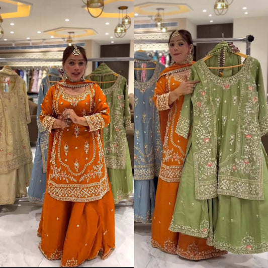 Premium Natural Crepe Heavy Embroidered Sharara Suit Set With Dupatta β Party Wear Collection