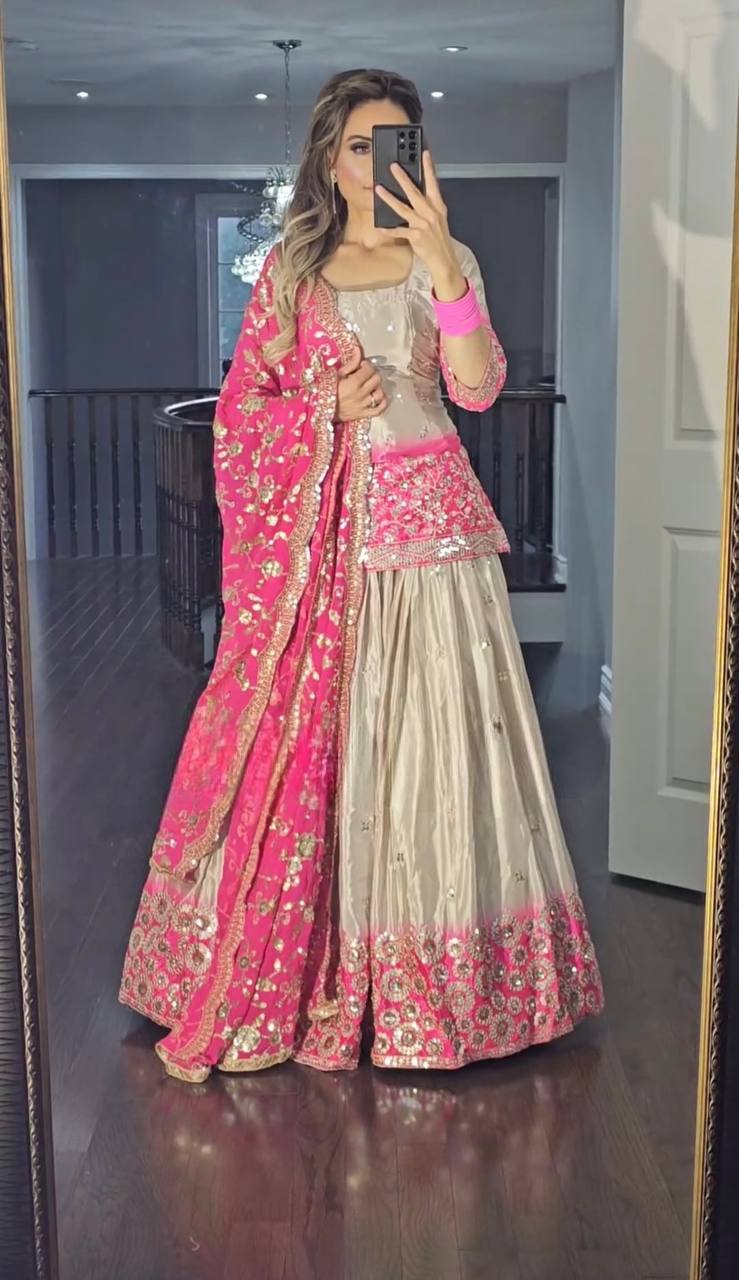 Premium Chinon Silk Heavy Embroidered Lehenga Set With Dupatta – Designer Party Wear (Fully Stitched Top)
