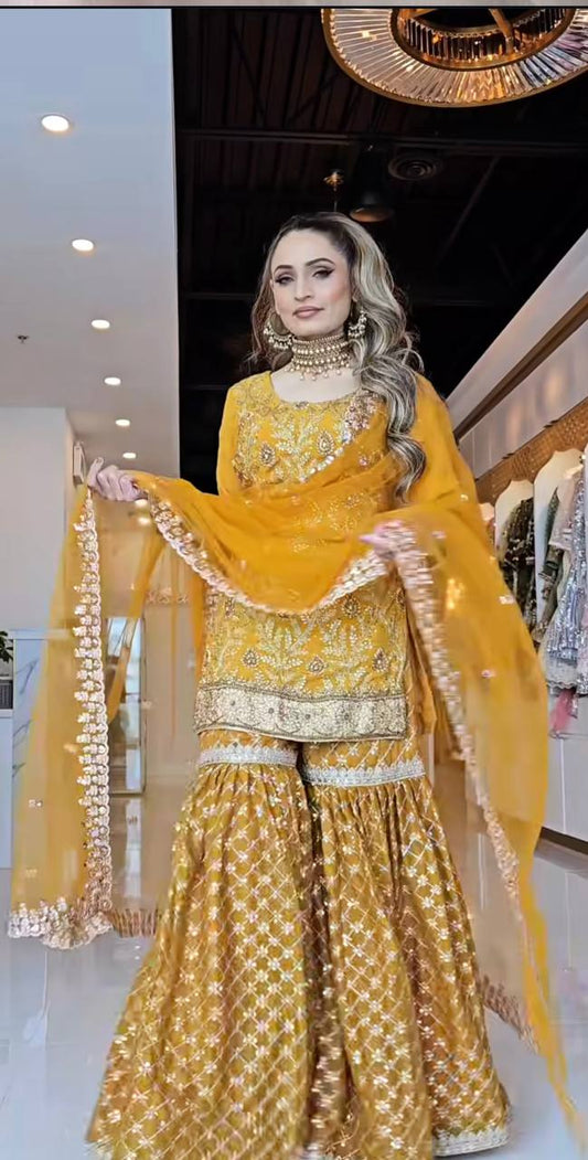 Designer Chinnon Silk Embroidered Sharara Suit with Net Dupatta β Premium Party Wear