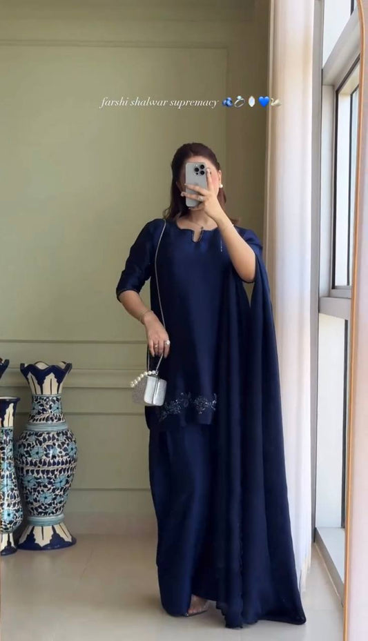 Designer Natural Crepe Silk Farshi Salwar Set with Handwork Top & Organza Dupatta