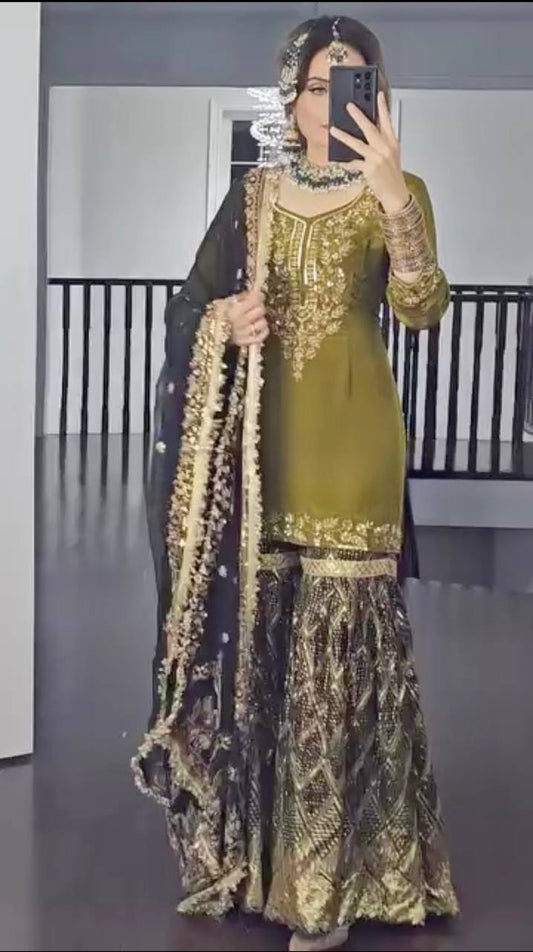 Designer Party Wear Pure Chinnon Silk Sharara Palazzo Set with Dupatta β Heavy Embroidery Work