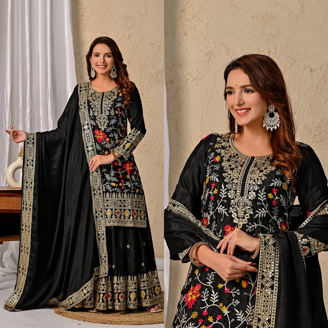 Designer Black Heavy Chinnon Silk Sharara Suit with Embroidery & Sequence Work | Party Wear Set