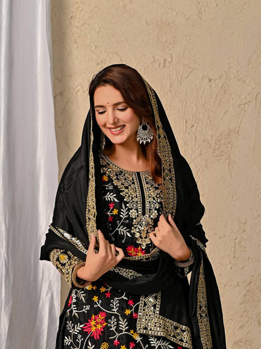 Designer Black Heavy Chinnon Silk Sharara Suit with Embroidery & Sequence Work | Party Wear Set
