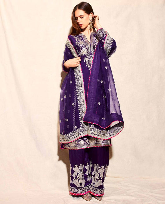 Pure Chinnon Silk Heavy Embroidered Suit with Palazzo & Dupatta β A One Quality