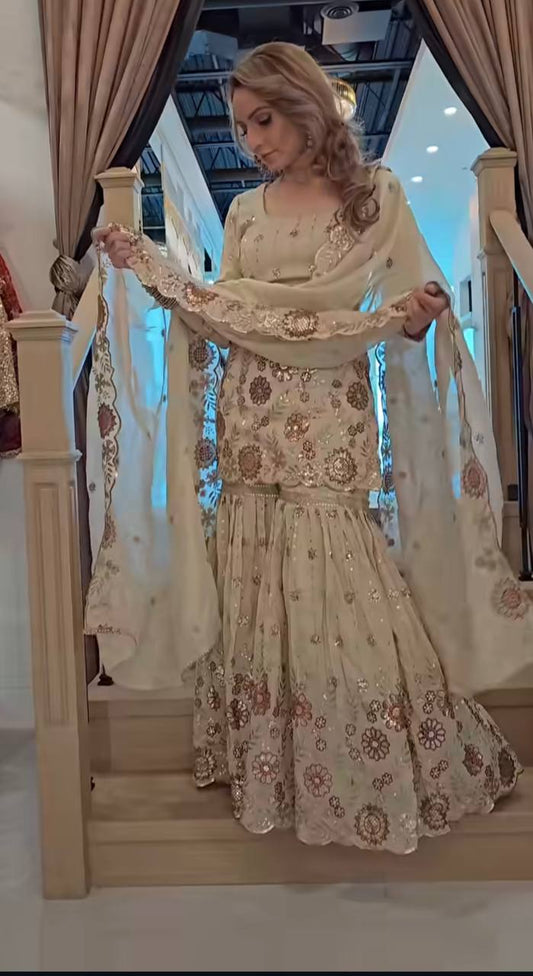 Designer Heavy Chinnon Silk Embroidered Sharara Suit with Dupatta β Party Wear Set