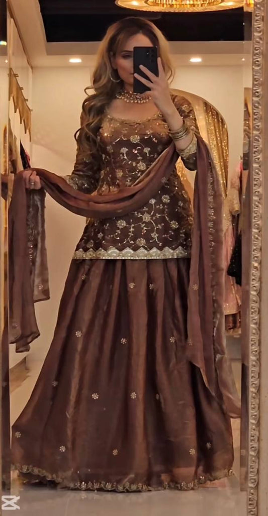 Premium Heavy Fandy Silk Designer Top Lehenga Set With Sequence Embroidery & Dupatta