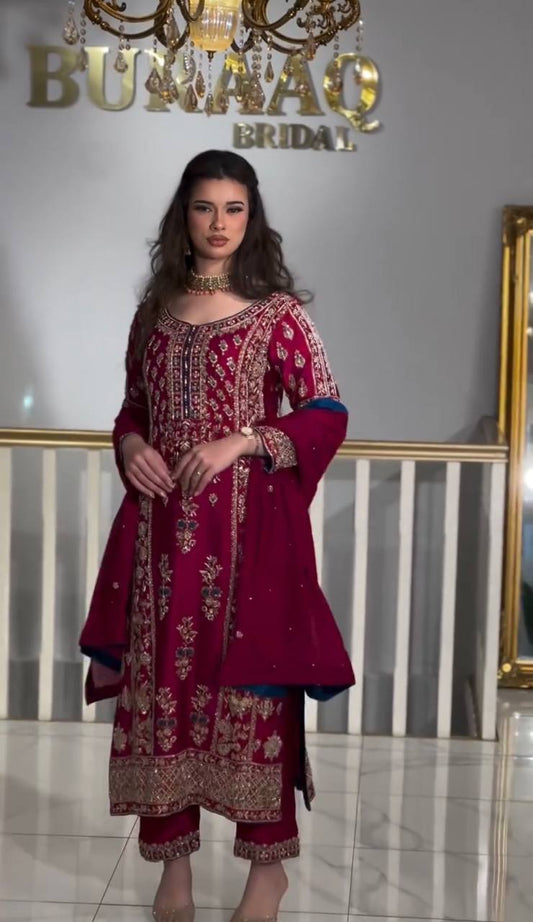 Designer Pakistani Party Wear Pure Chinnon Silk Suit with Pant & Dupatta β Heavy Sequence Embroidery