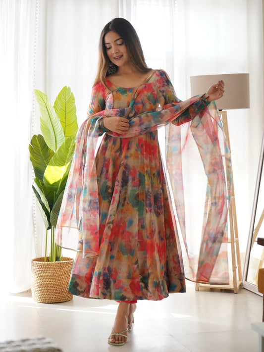Tabby Organza Silk Kali Pattern Flared Gown with Canvas Patta Dupatta and Pant Set - Jaipuri Vastra