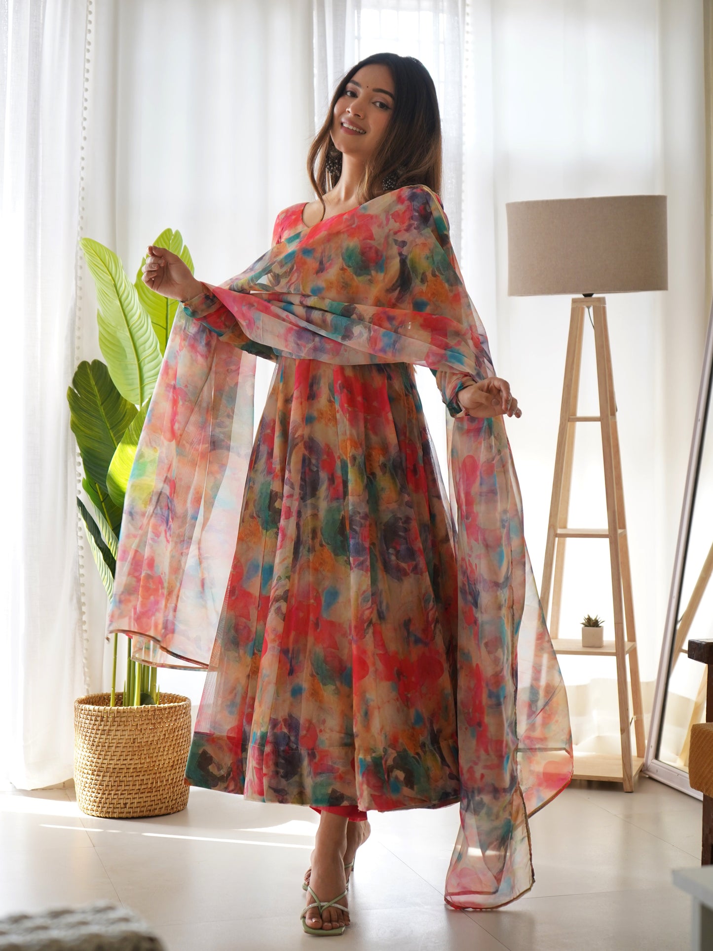 Tabby Organza Silk Kali Pattern Flared Gown with Canvas Patta Dupatta and Pant Set - Jaipuri Vastra