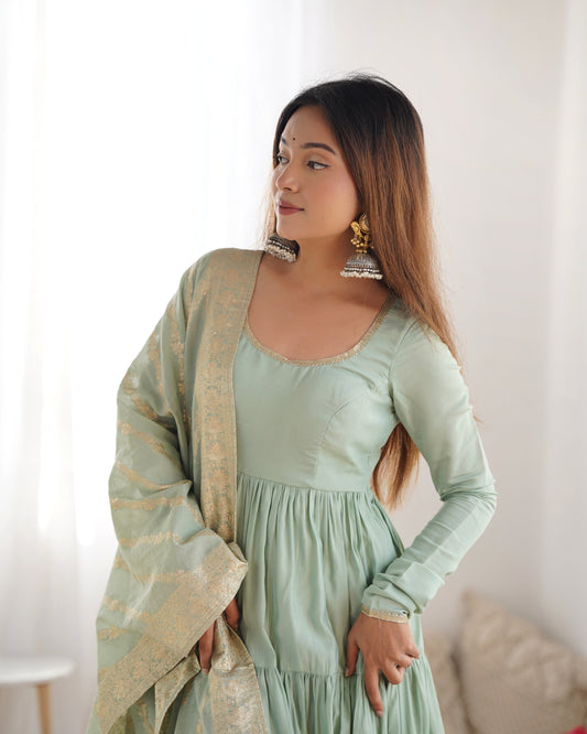 Pure Roman Silk Chanderi Fully Flared Anarkali with Dupatta and Pant Set - Jaipuri Vastra