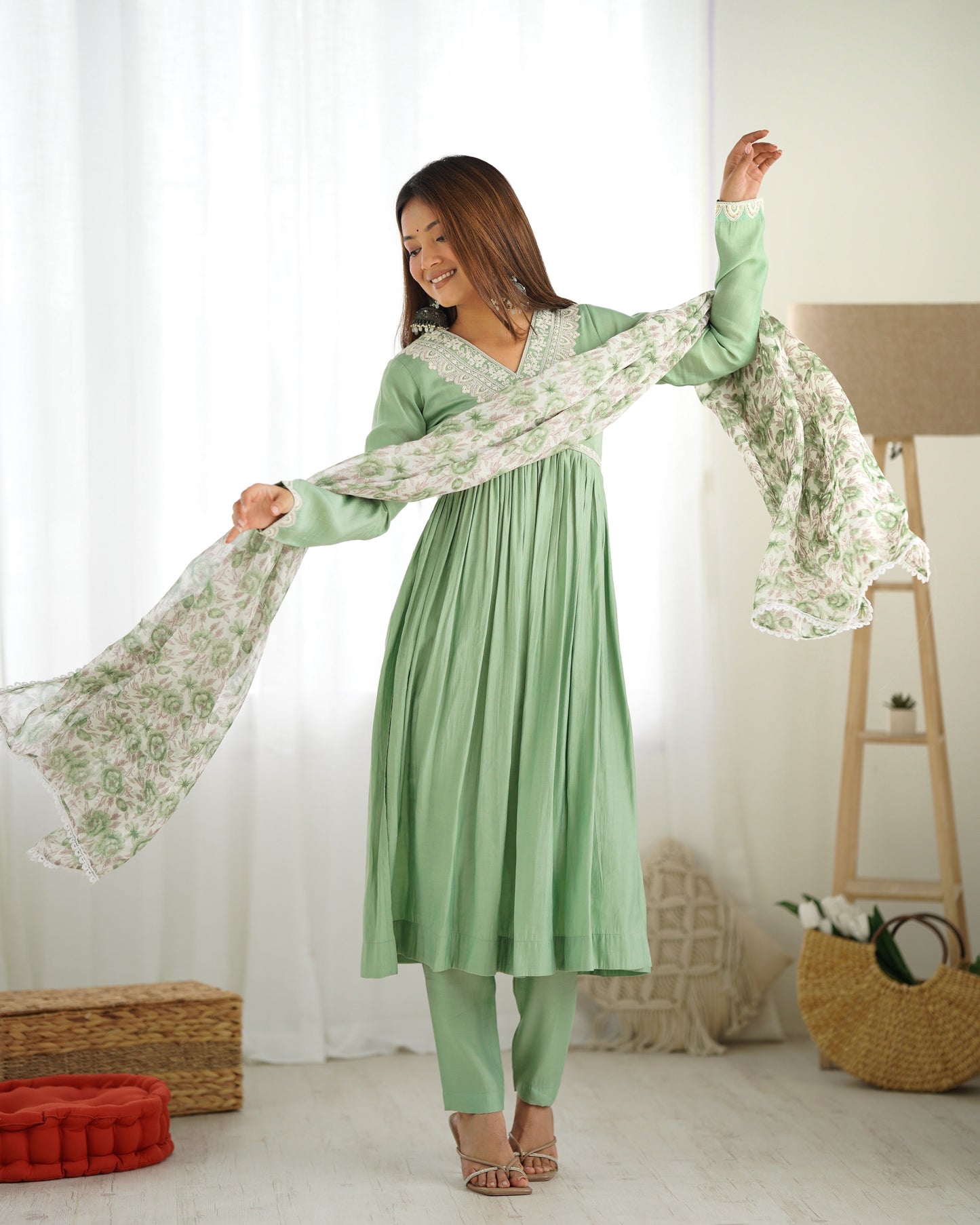 Fully Stitched Heavy Romansilk Chanderi Nyra Kurta Set with Elegant Thread Work - Jaipuri Vastra