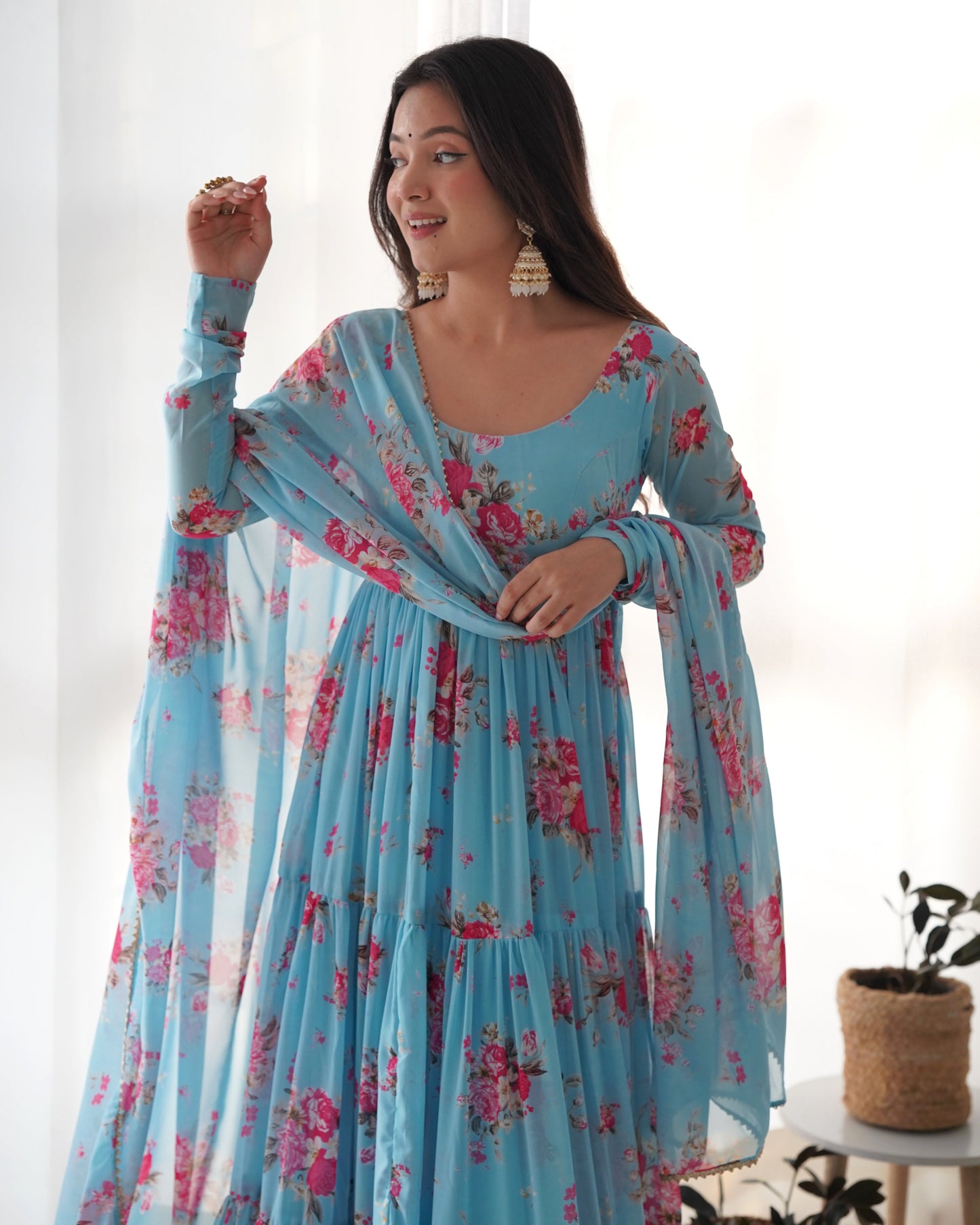 Designer Floral Anarkali in Pure Soft Fox Georgette Fully Flared and Ready to Wear - Jaipuri Vastra