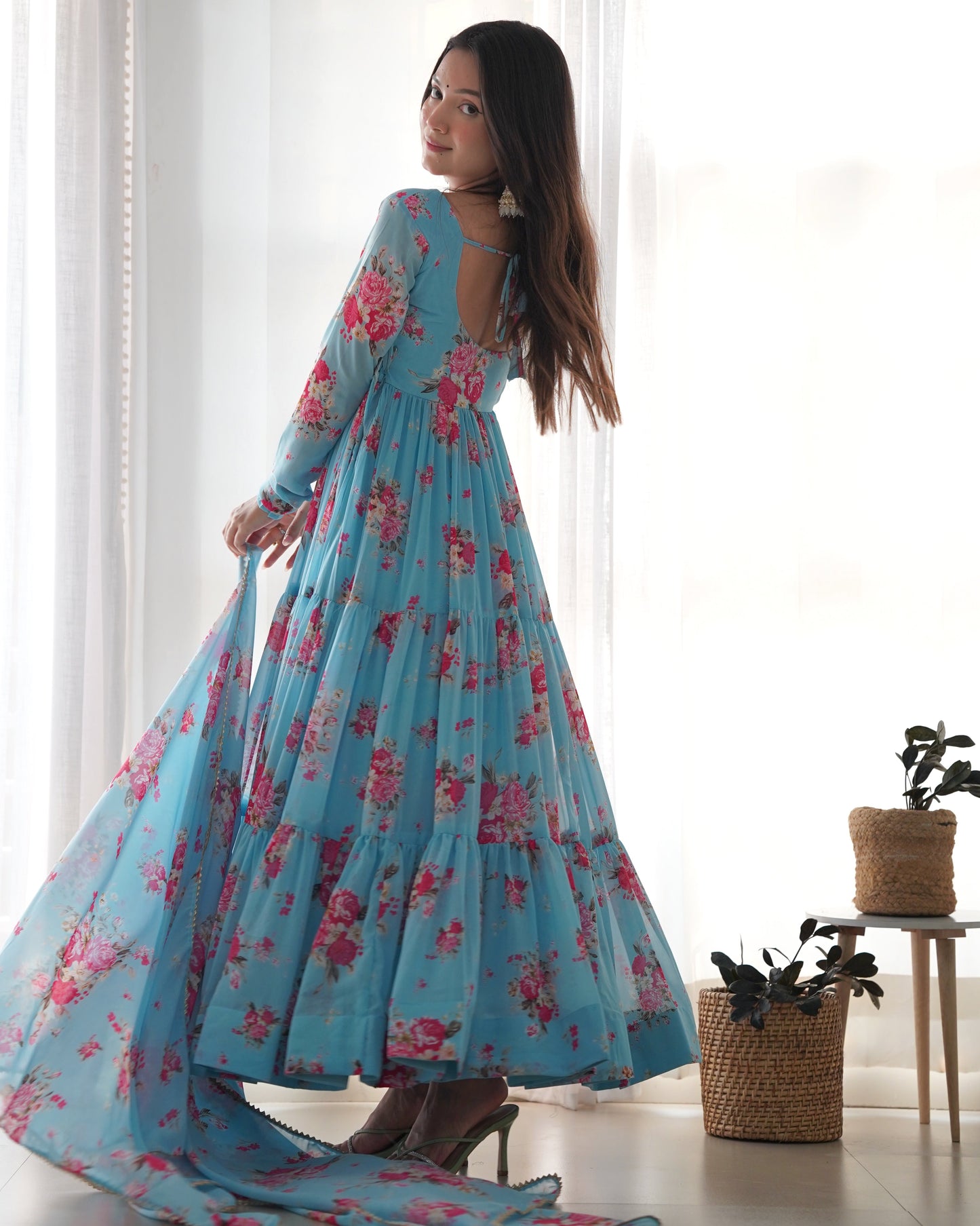 Designer Floral Anarkali in Pure Soft Fox Georgette Fully Flared and Ready to Wear - Jaipuri Vastra