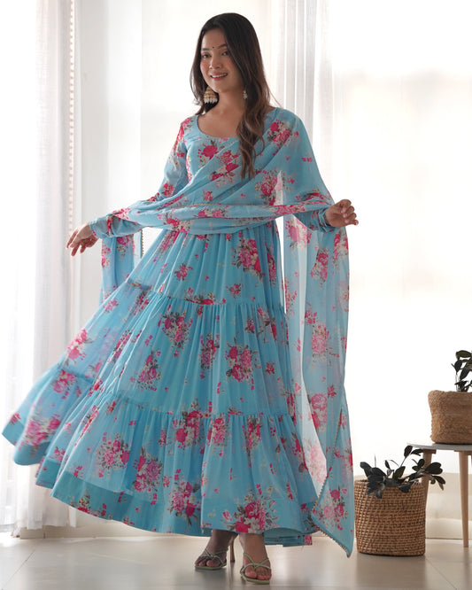 Designer Floral Anarkali in Pure Soft Fox Georgette Fully Flared and Ready to Wear - Jaipuri Vastra