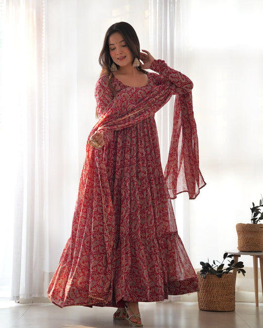 Ready to Wear Kalamkari Print Soft Fox Georgette Anarkali with Dupatta and Pant Set - Jaipuri Vastra